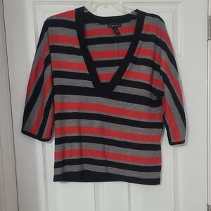 New York & Company Red, Black & Gray V-Neck Striped Sweater
